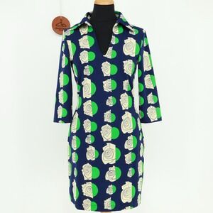 Tracy Negoshian 3/4 Sleeve V-Neck Collared Green Navy Floral Print Dress Size XS